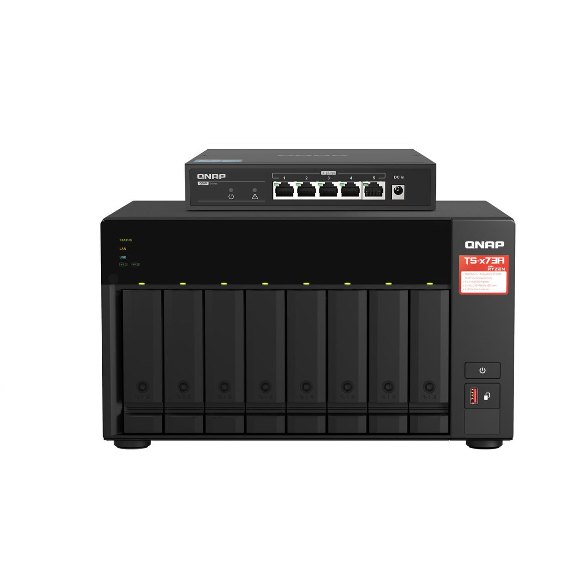 Almacenamiento NAS QNAP TS-873A-SW5T-US, 4C, 8GB RAM, 8 bahías +  Switch Qnap SW5T 5P