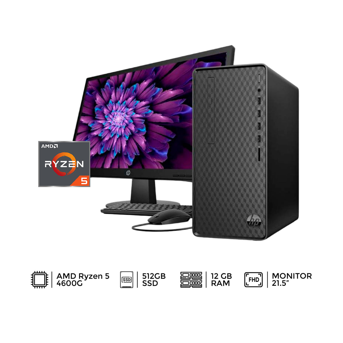 PC HP M01-F2004lam AMD Ryzen 5-4600G, RAM 12GB, SSD 512GB, W11H + Monitor HP V22, 21.5" FHD (6B6L5LA)