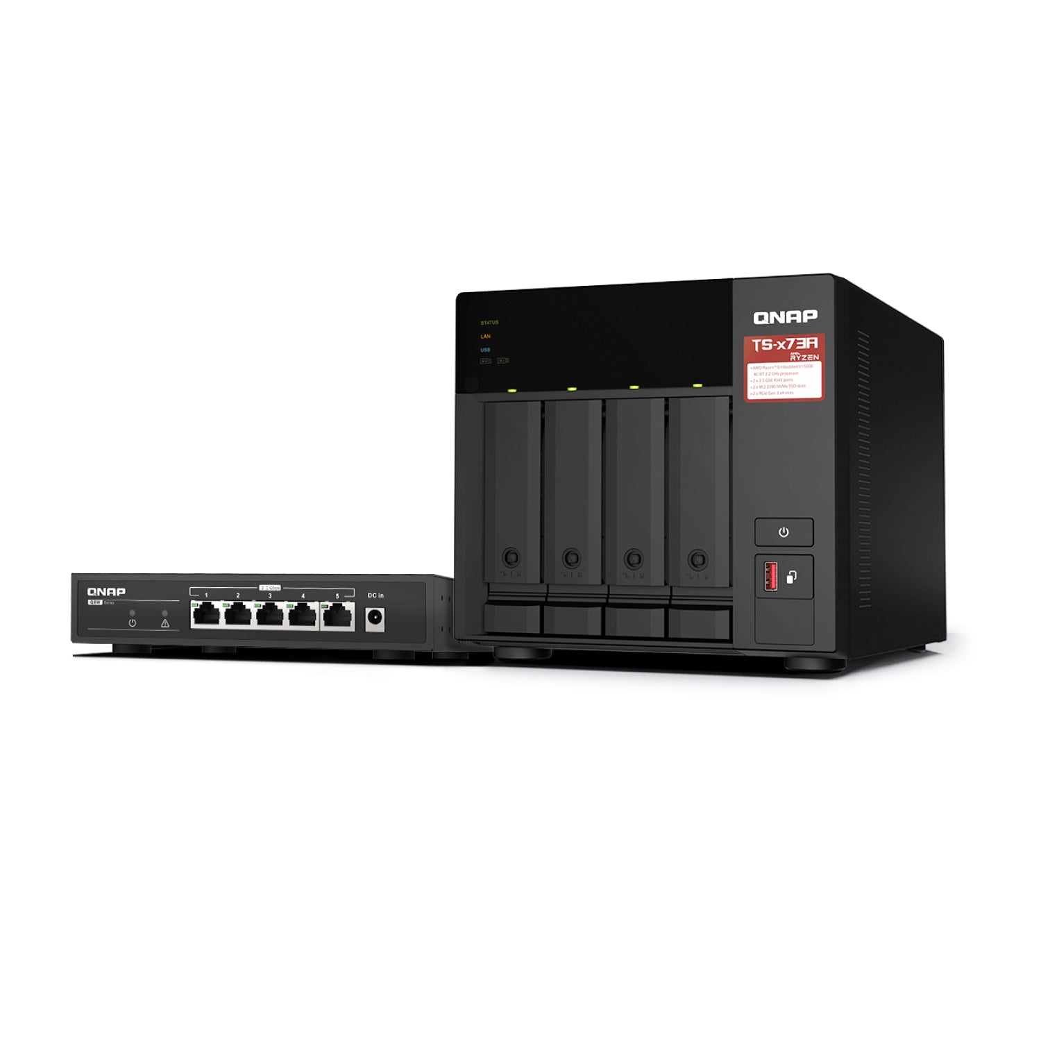 Almacenamiento NAS QNAP TS-473A-SW5T-US, 4C, 8GB RAM, 4 bahías, 2 años + Switch Qnap SW5T 5P Imagen principal del producto