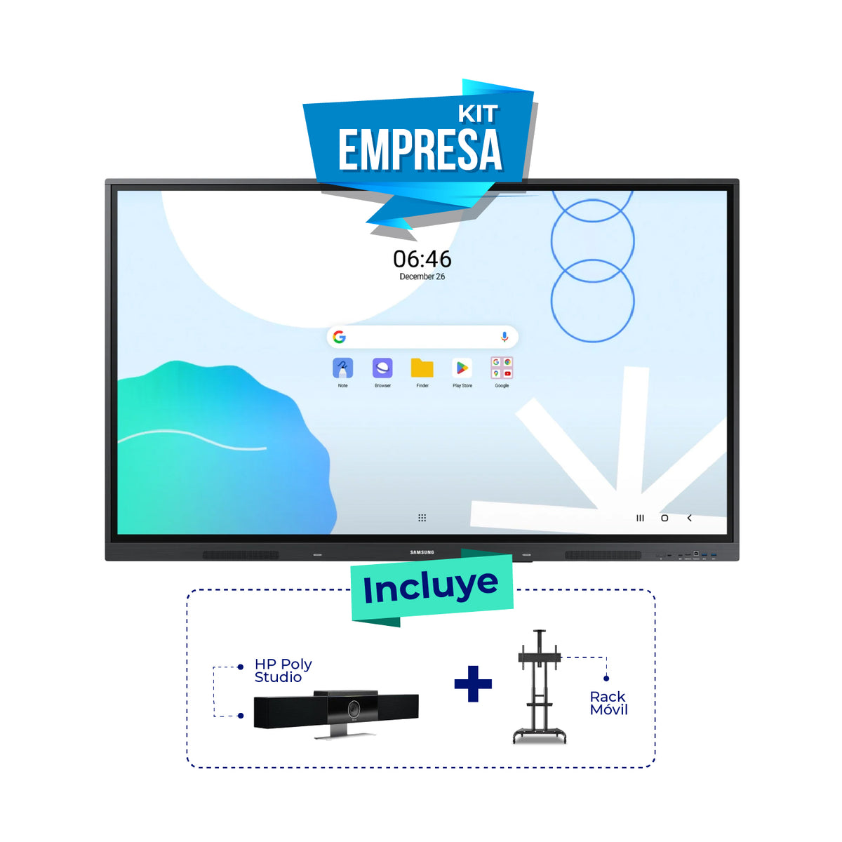 Pantalla Interactiva Samsung 86WAD, 86" Android 13 + Rack móvil + Cámara Poly Studio