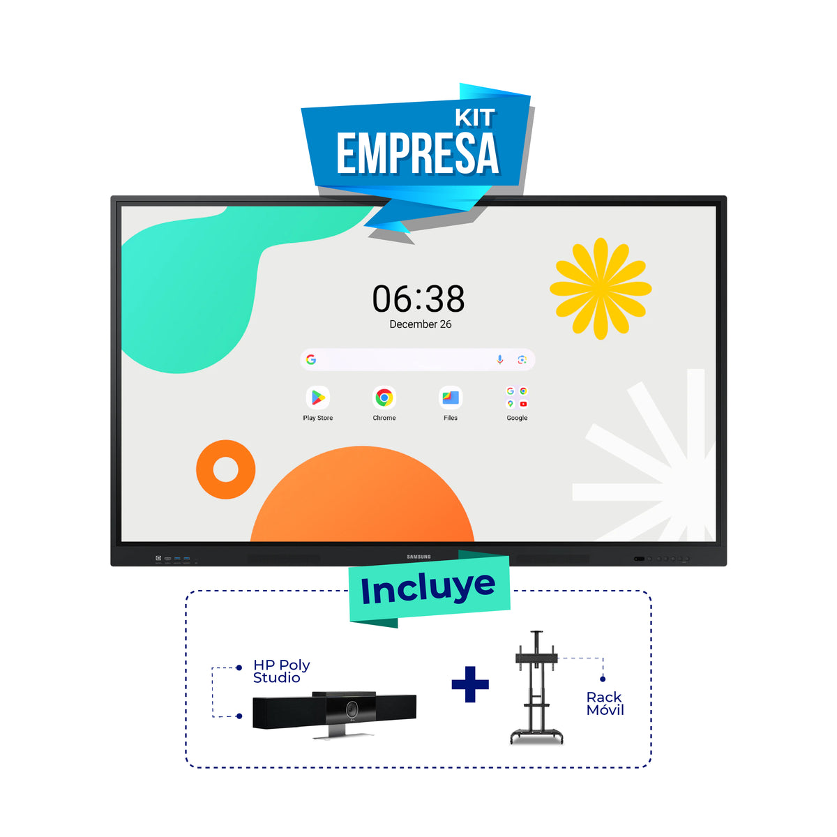 Pantalla Interactiva Samsung 86WAF, 86" Android 14 + Rack móvil + Cámara Poly Studio