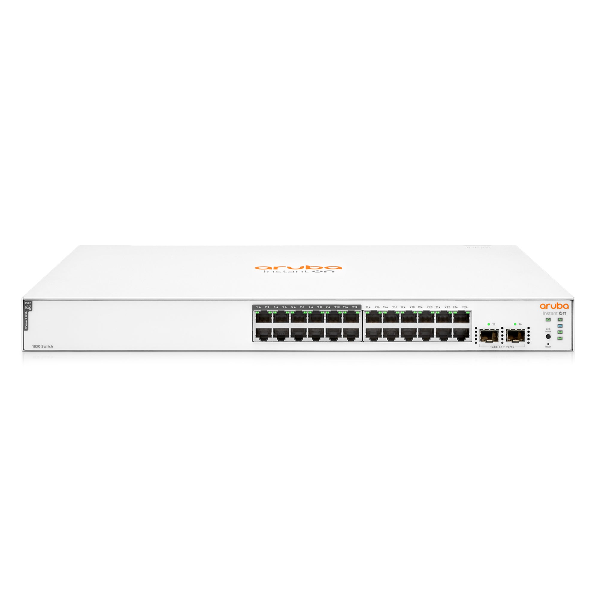 Switch Administrable HPE Aruba IO 1830, 24 GbE, 12/24PoE, 195W, 2 SFP, L2, 2 Años (JL813A)