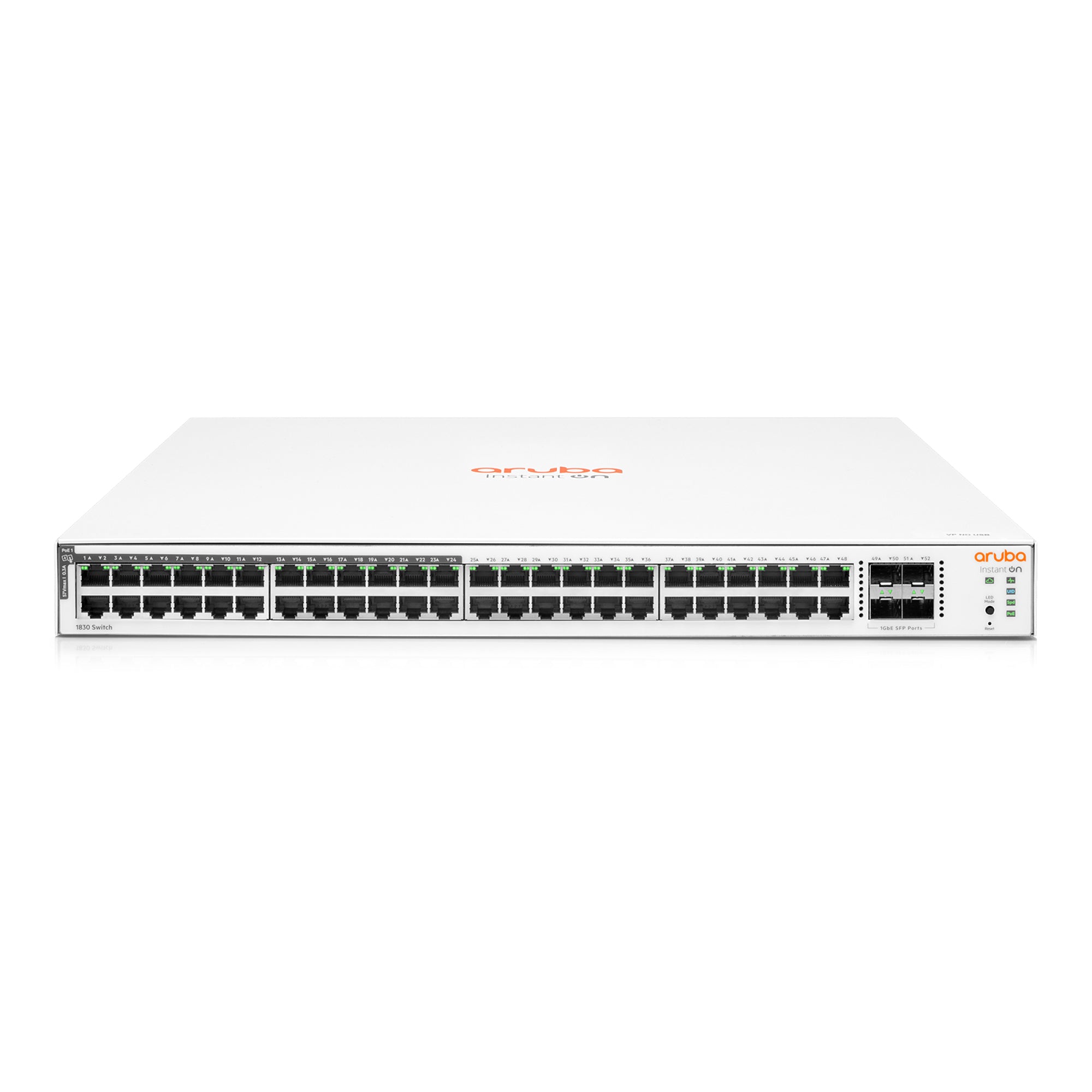 Switch Administrable HPE Aruba IO 1830, 48 GbE, 24/48PoE, 370W, 4 SFP, L2, 2 Años (JL815A)